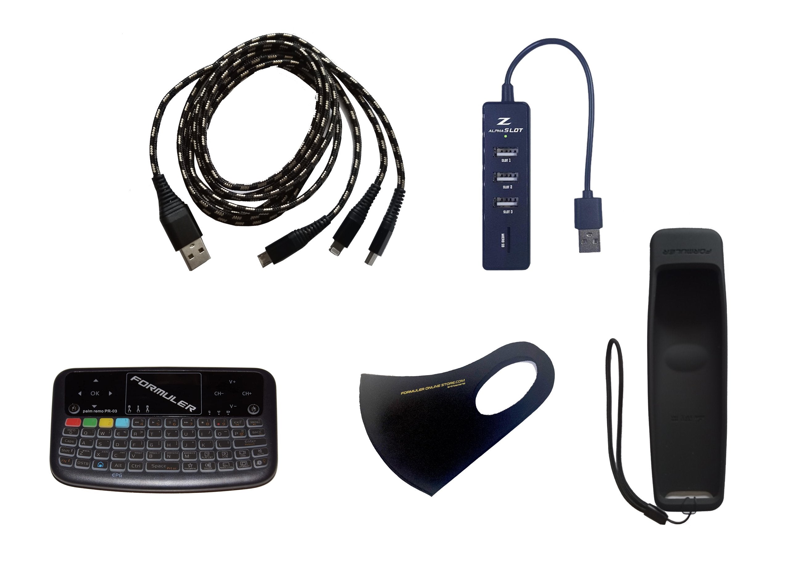 Paquete de accesorios incluido: Mini teclado inalámbrico con panel táctil + concentrador USB + extensión de cable USB 3-1 + cubierta remota negra + máscara