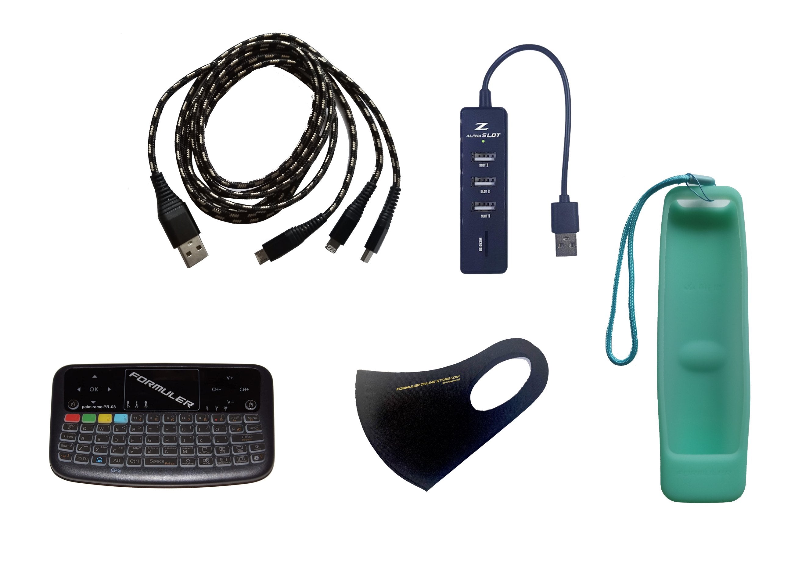 Paquete de accesorios incluido: Mini teclado inalámbrico con panel táctil + concentrador USB + cable de extensión USB 3-1 + cubierta remota verde + máscara